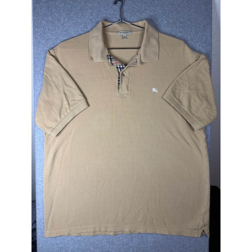 Burberry London Mens Polo Shirt Tan Nova Check Placket Made in Great Britain M